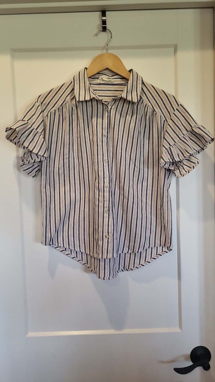 Cottagecore Loveriche Striped Ruffle Flutter Sleeve Button-Down Blouse, S